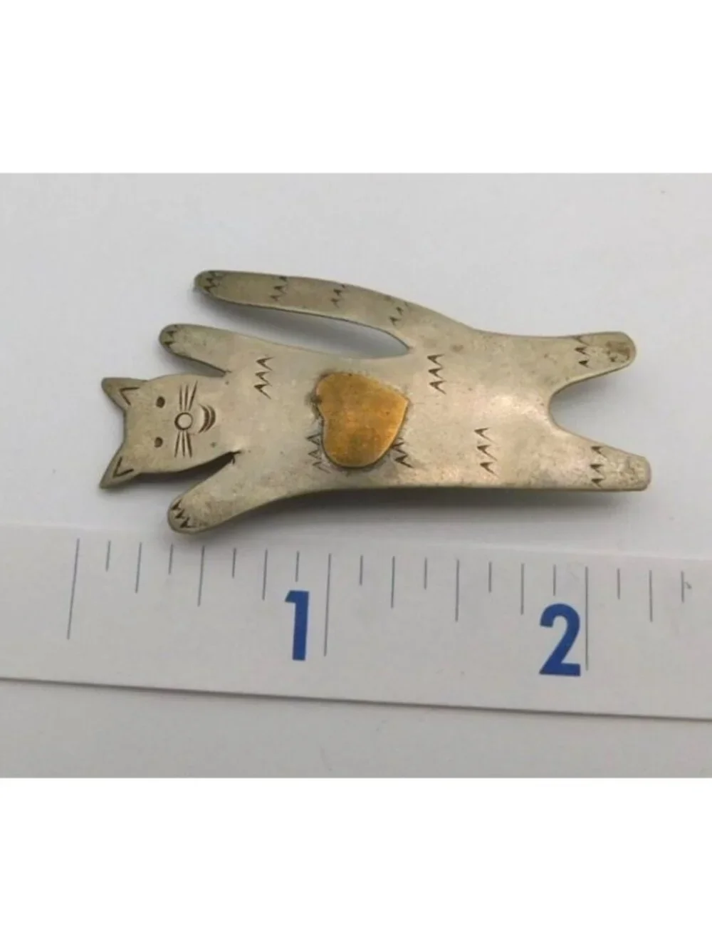 Silver Tone Cat Pin Brooch With Brass Heart Accent 2.25 Inch Not Marked